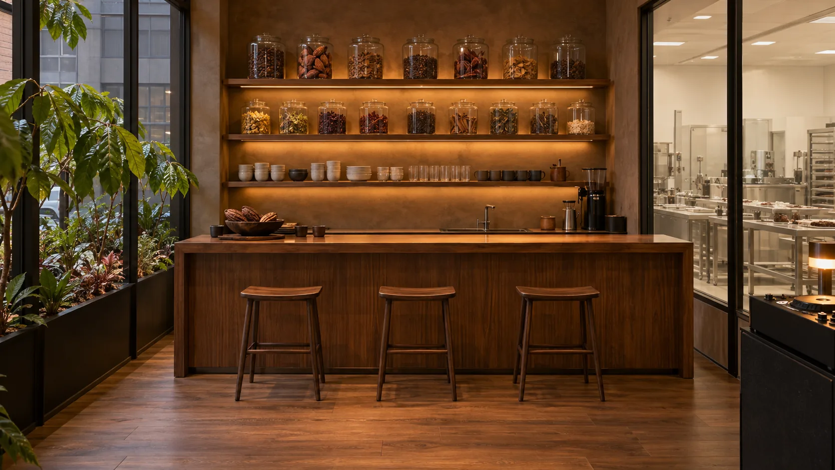 Rendering of the Botanical Bar, a small wood bar with jars of botanicals at the end of the Conservatory