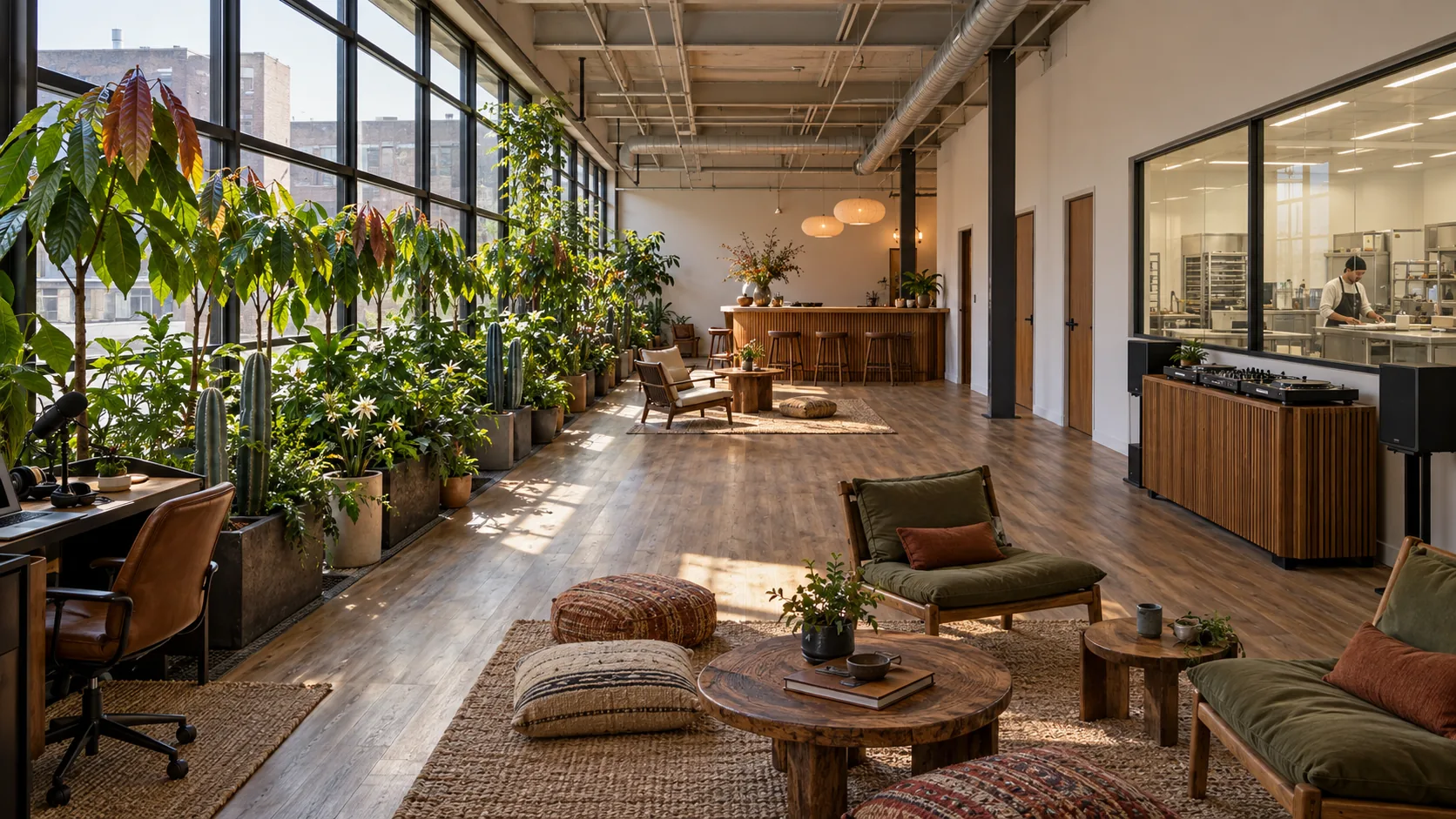 Rendering of the CoCoCo Conservatory: a long lounge with young cacao trees along the windows and the chocolate kitchen visible through glass