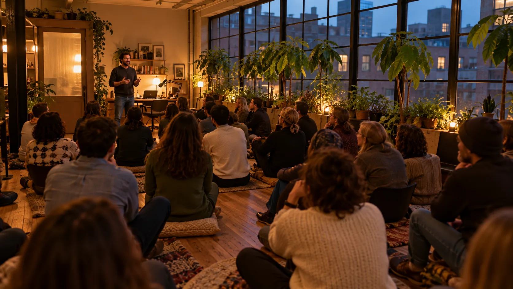 Rendering of an evening talk in the Conservatory, with guests seated facing a speaker by the office