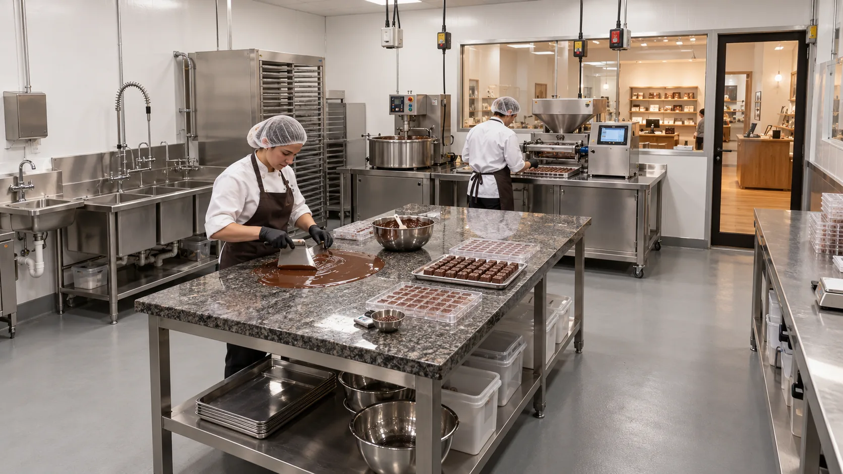 Rendering of the CoCoCo bean-to-bar kitchen with a tempering machine on stainless tables and a granite-top work table in the center
