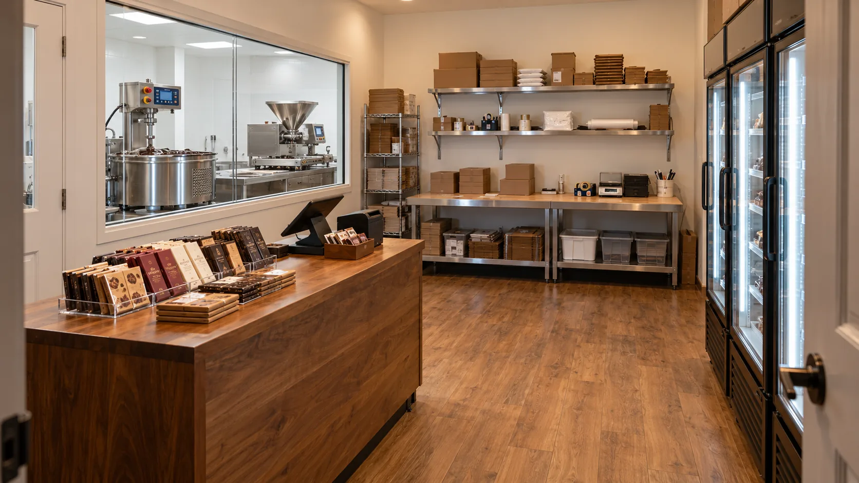 Rendering of the CoCoCo shop counter, with the chocolate kitchen visible through glass