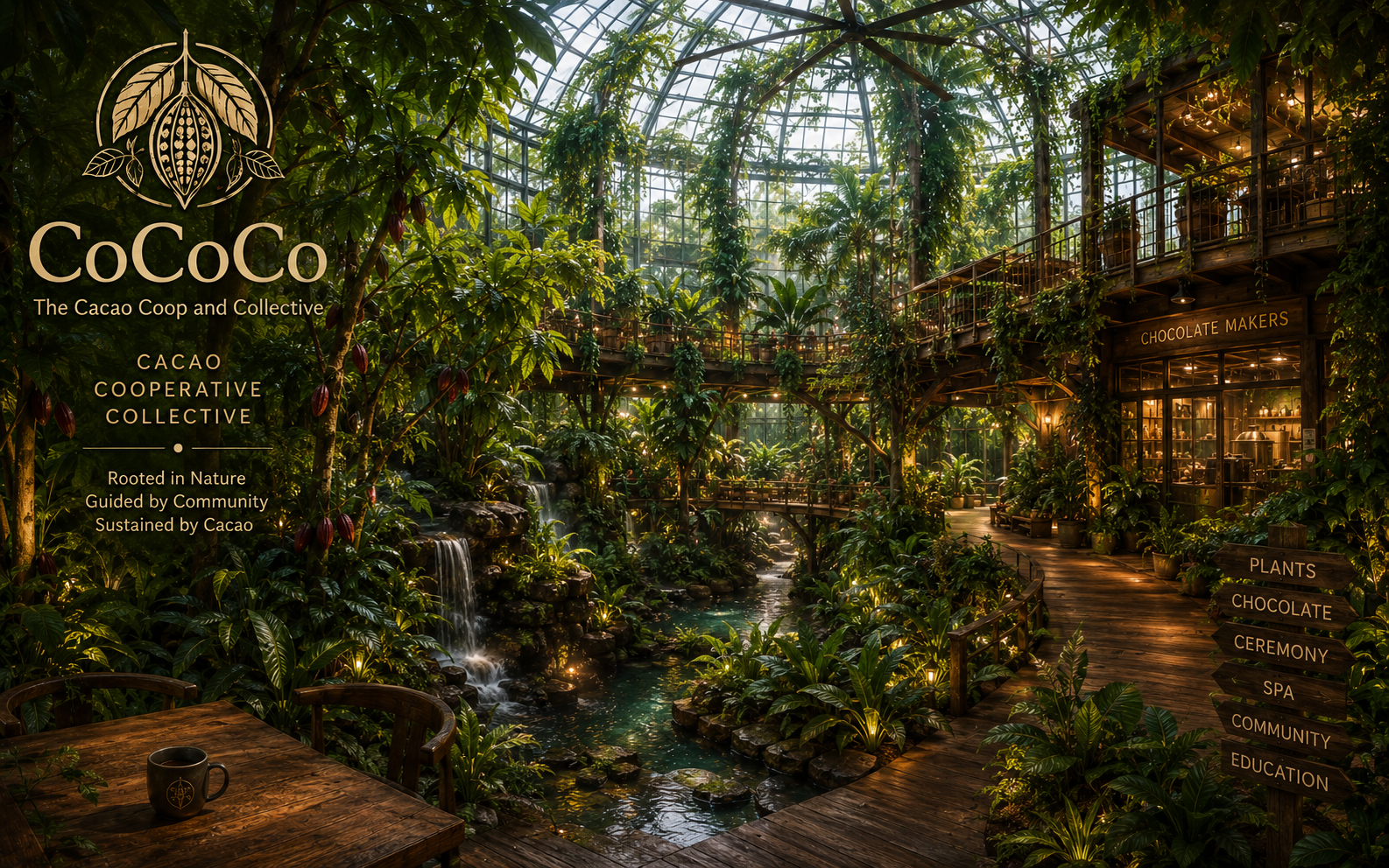 CoCoCo rainforest conservatory with cacao trees and tropical plants