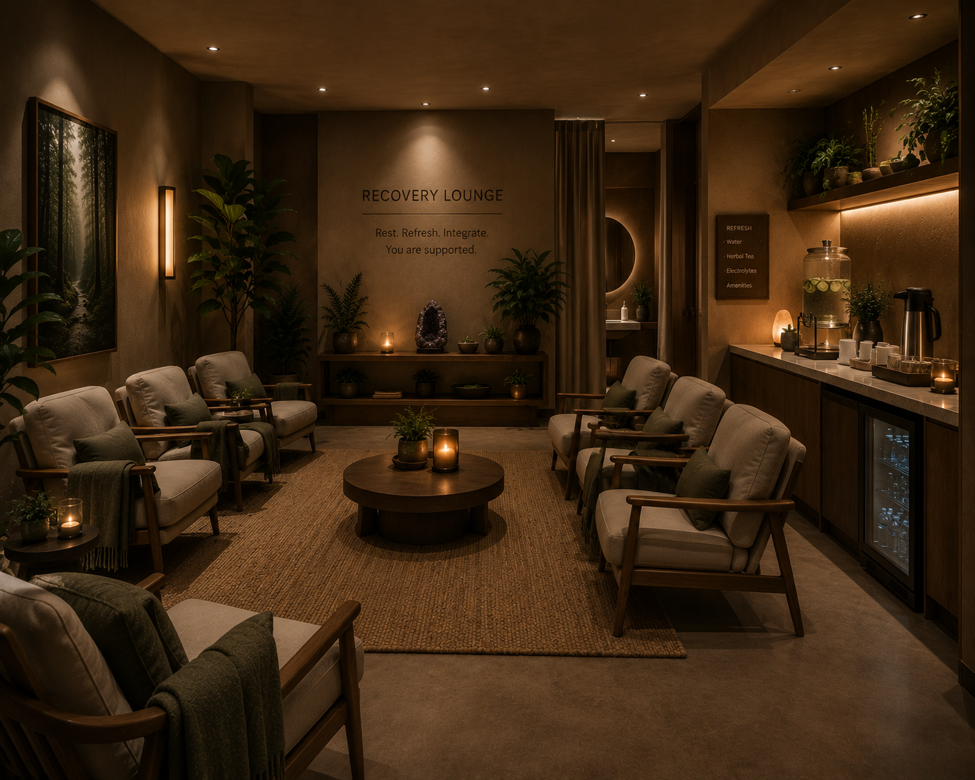 Spa-style recovery lounge with comfortable chairs